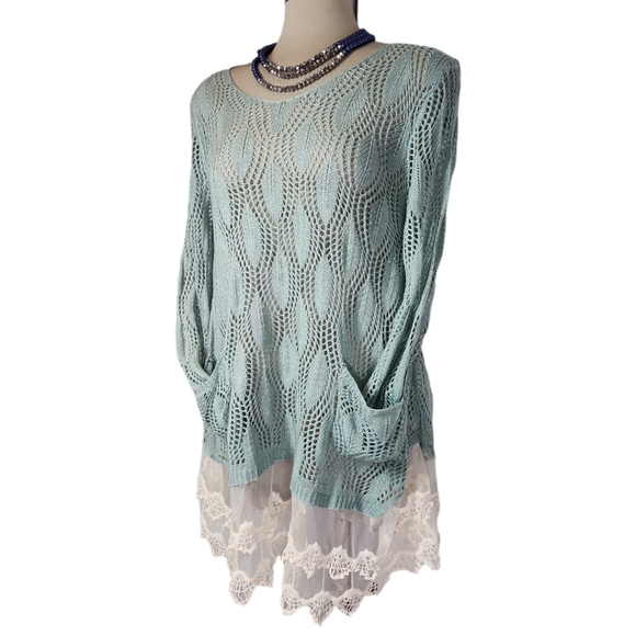 RYU Designer Over size Clear Green & White Lace Trimmed Sweter Size S/M - Picture 8 of 16